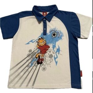 Vintage Garfield Kids Blue and White Polo Shirt Size 5/6